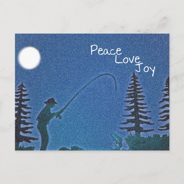 Peace, Love, Joy / Fly Fisherman in Snow Holiday Postcard (Front)