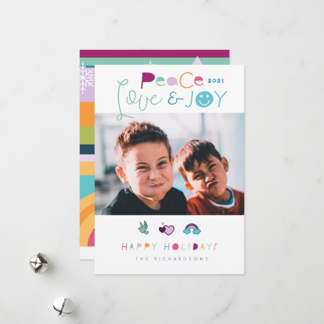 Peace Love & Joy Fun Bright Christmas Emoji Photo  Holiday Card (Front/Back In Situ)