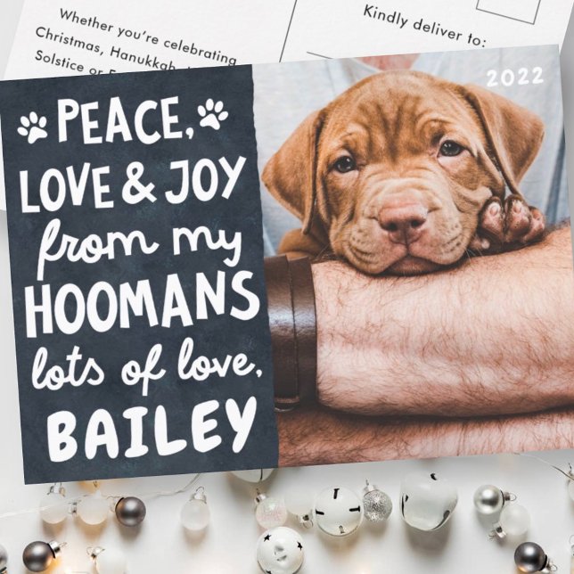 Peace, Love & Joy Funny Modern Pet Custom Photo Holiday Postcard (Creator Uploaded)