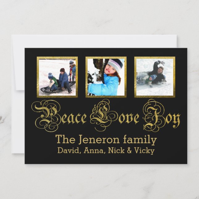 Peace Love Joy gold, black Christmas Groupon photo Holiday Card (Front)