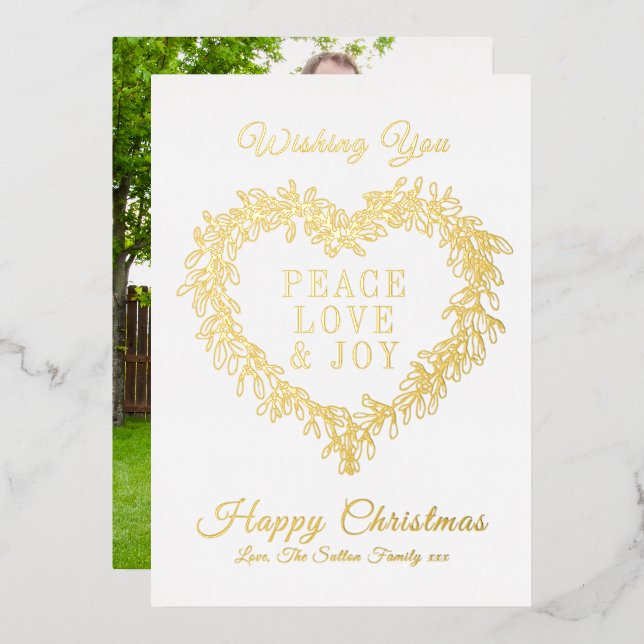 Peace, love joy gold mistletoe heart Christmas Foil Holiday Card (Front/Back)