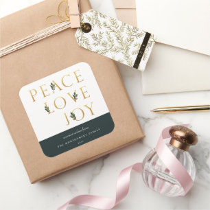 Peace Love Joy Golden Botanical Holiday Square Sticker
