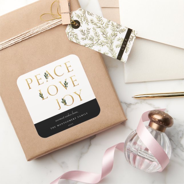 Peace Love Joy Golden Botanical Holiday Square Sticker (Gifting)