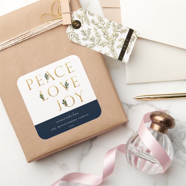 Peace Love Joy Golden Botanical Holiday Square Sticker (Gifting)