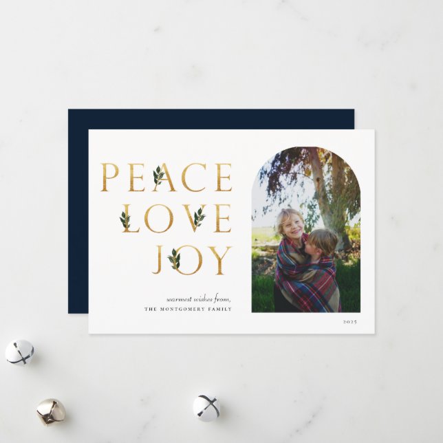 Peace Love Joy Golden Photo Holiday Card (Front/Back In Situ)