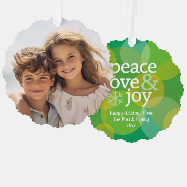 Peace Love Joy Green Bokeh - Christmas Photo Ornament Card (Front/Back)