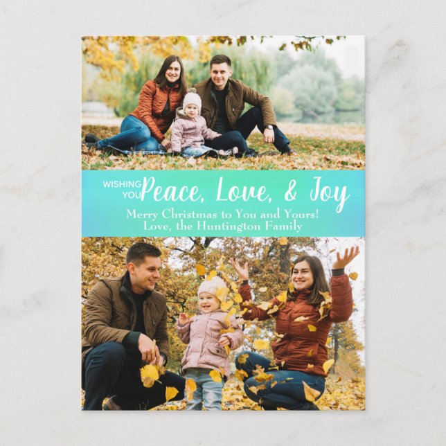 Peace Love Joy Green Iridescent Holiday Photo Postcard (Front)