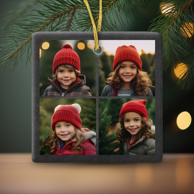 Peace Love Joy Holiday Chalkboard Photo Collage Ceramic Ornament (Simple minimal photo ornament with a red border)