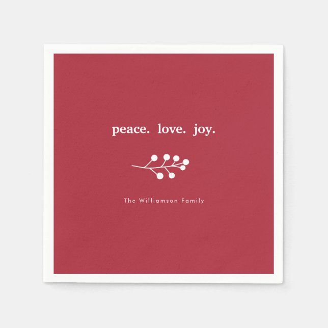 Peace Love Joy Holly Berries Holiday Christmas Red Napkin (Front)