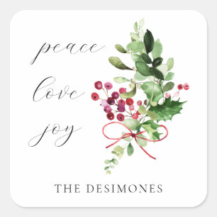 Peace Love Joy Holly Berry Holiday Square Sticker