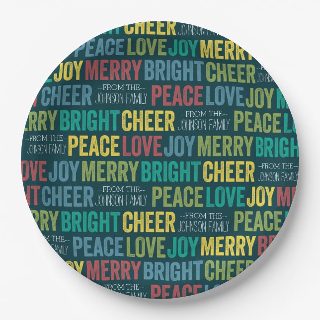 Peace Love Joy Merry Cheer with custom Family Name Paper Plate (Front)