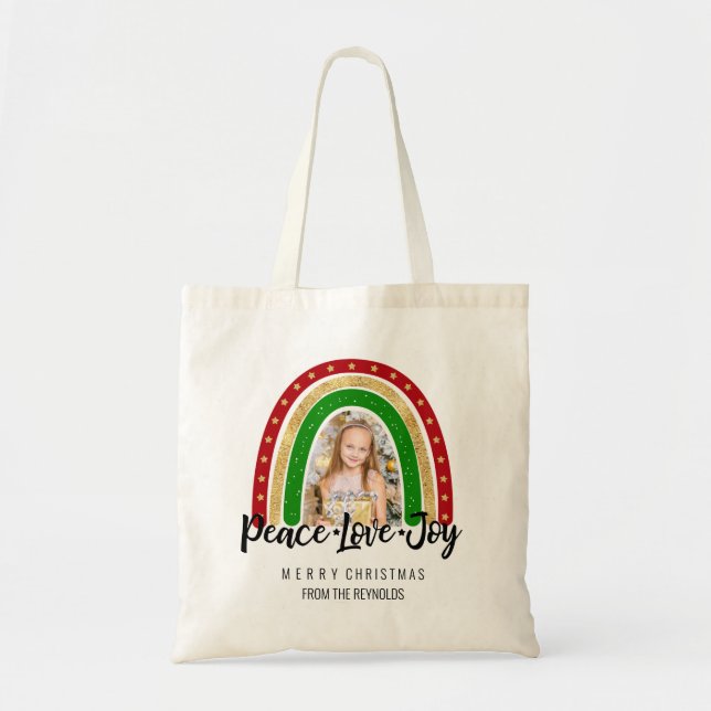 Peace Love Joy Merry Christmas Rainbow Photo Tote Bag (Front)