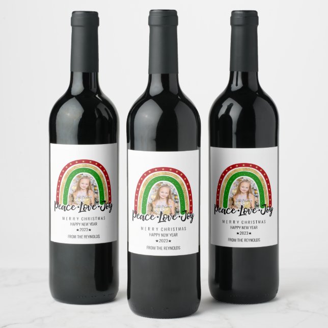 Peace Love Joy Merry Christmas Rainbow Photo Wine Label (Bottles)