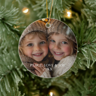 Peace Love Joy Minimal Classic Christmas Photo Ceramic Ornament
