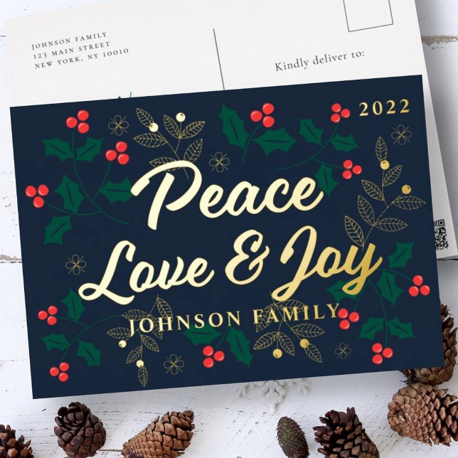 Peace Love & Joy Modern Red Holly Berries Foliage Foil Holiday Postcard (Creator Uploaded)