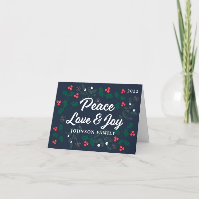 Peace Love & Joy Modern Red Holly Berries Foliage Holiday Card (Front)