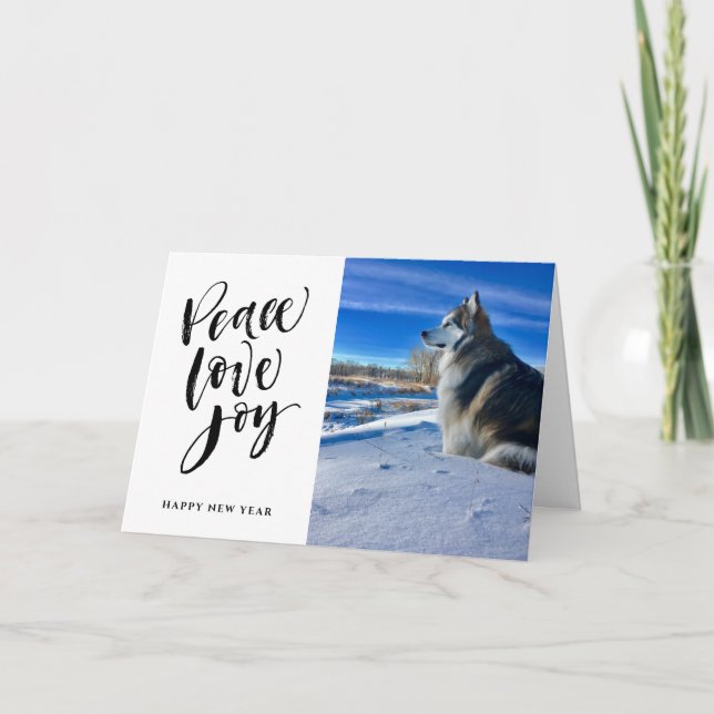 Peace Love Joy | New Year Modern Script Photo Holiday Card (Front)