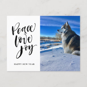 Peace Love Joy New Year Modern Script Photo Holiday Postcard