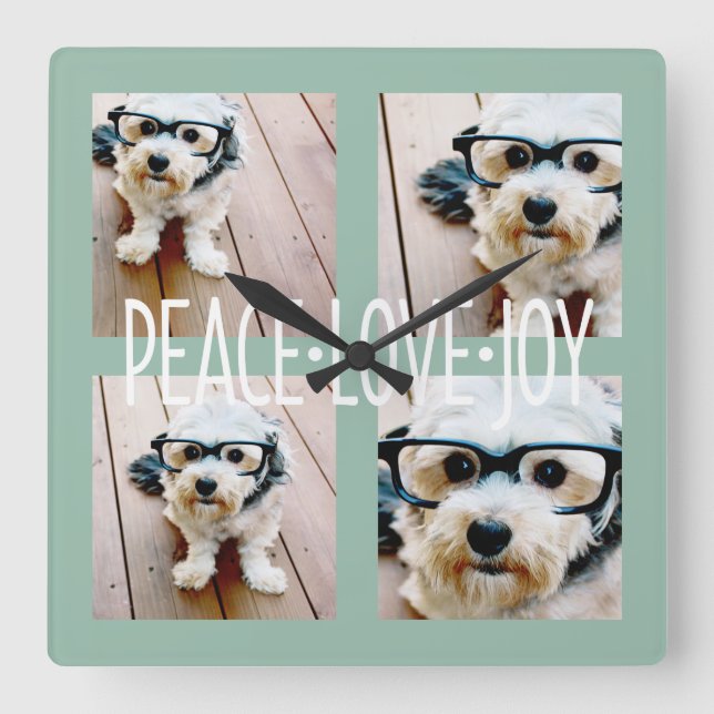 Peace Love Joy Photo Collage Holiday Greeting Square Wall Clock (Front)