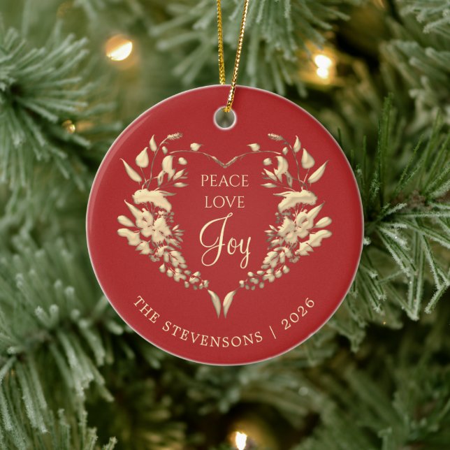 Peace Love Joy Red Gold Christmas Ceramic Ornament (Tree)
