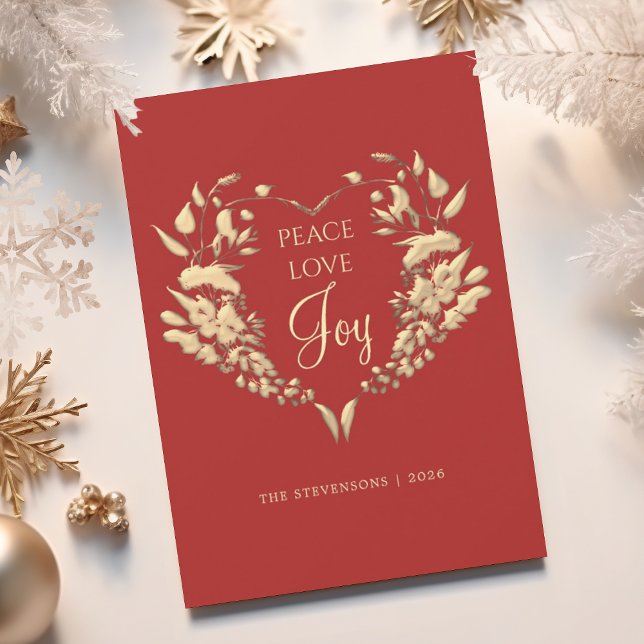 Peace Love Joy Red Gold Floral Christmas Holiday Card (Creator Uploaded)