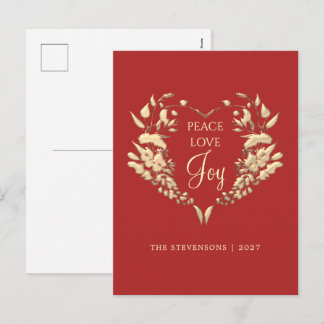 Peace Love Joy Red Gold Floral Christmas Holiday Postcard