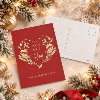 Peace Love Joy Red Gold Floral Christmas Holiday Postcard