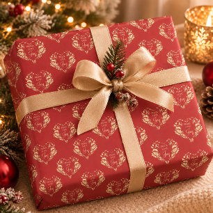 Peace Love Joy Red Gold Floral Christmas Wrapping Paper