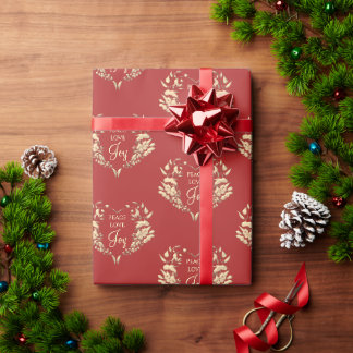 Peace Love Joy Red Gold Floral Christmas Wrapping Paper