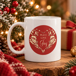 Peace Love Joy Red Gold Personalized Christmas Coffee Mug