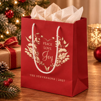 Peace Love Joy Red Gold Personalized Christmas Medium Gift Bag