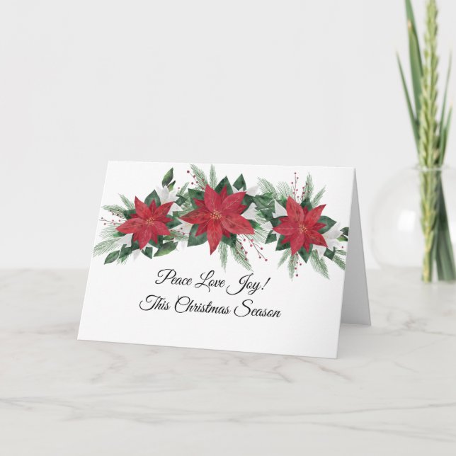 Peace Love Joy Red Poinsettia Green Christmas Holiday Card (Front)