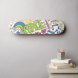 Peace, love, joy. Retro 1960s hippy vibe. Skateboard
