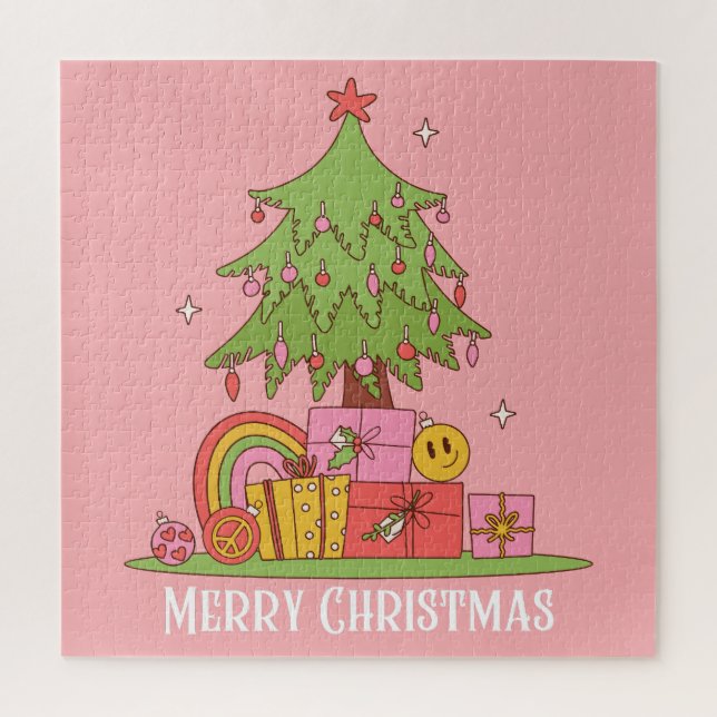 Peace, Love & Joy - Retro Christmas Tree in Pink Jigsaw Puzzle (Vertical)