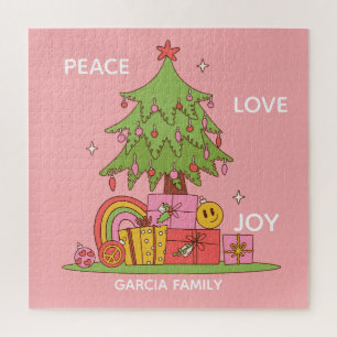 Peace, Love & Joy - Retro Christmas Tree in Pink Jigsaw Puzzle
