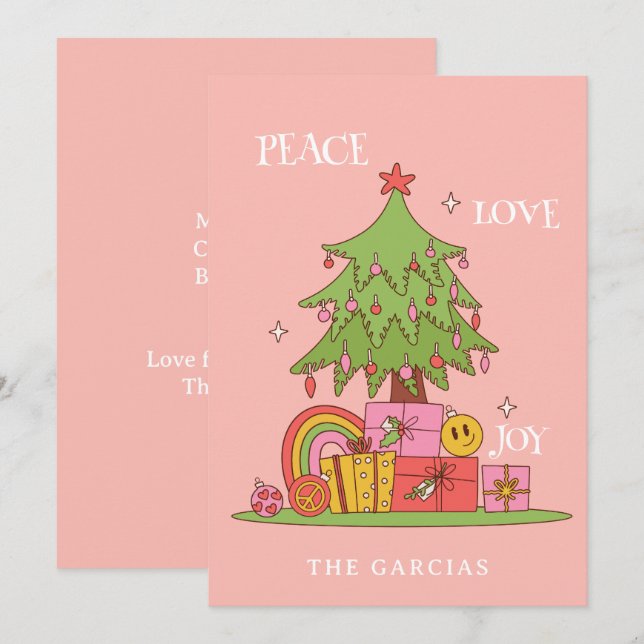 Peace, Love & Joy - Retro Christmas Tree on Pink Holiday Card (Front/Back)