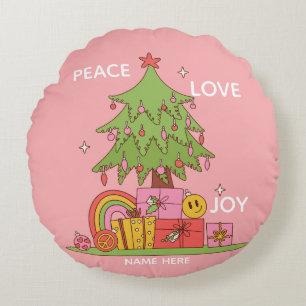 Peace, Love & Joy Retro Christmas Tree Pink  Round Pillow