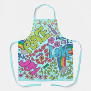 Peace, Love, Joy. Retro design, 1960s, on blue Apron