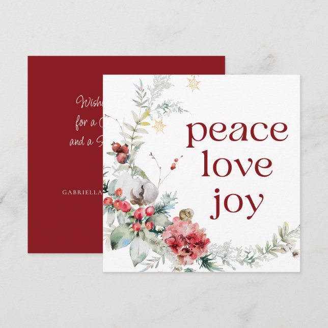 Peace Love Joy Rouge Blanc Carré Carte de vacances (Devant / Derrière)