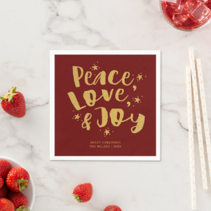 Peace Love Joy Rustic Red & Gold Christmas Party Napkin