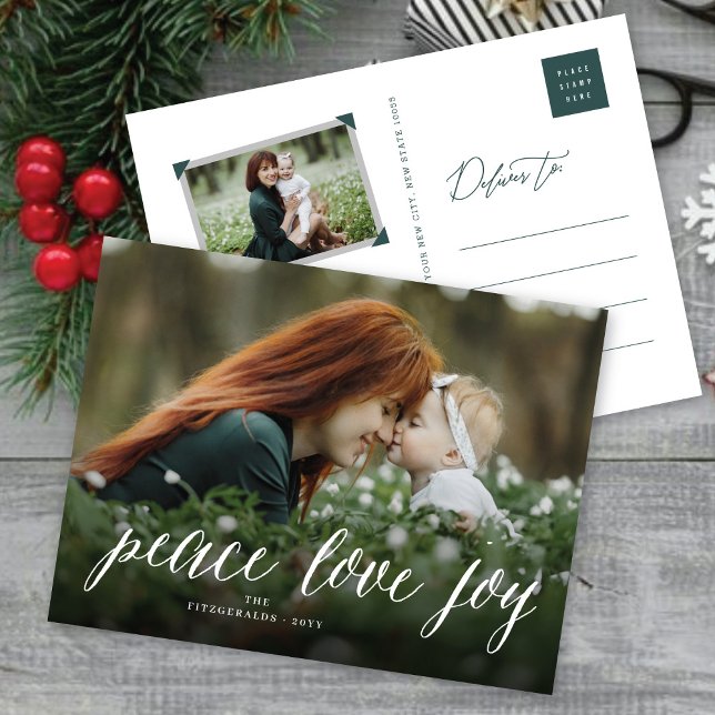Peace Love Joy Simple White Script Modern Photo Holiday Postcard (Creator Uploaded)