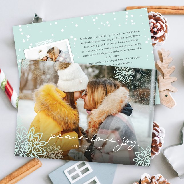Peace Love Joy Snowflakes Elegant Christmas Photo Holiday Card (Creator Uploaded)