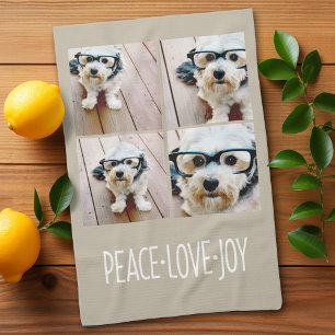 Peace Love Joy Taupe Holiday Photo Collage Kitchen Towel