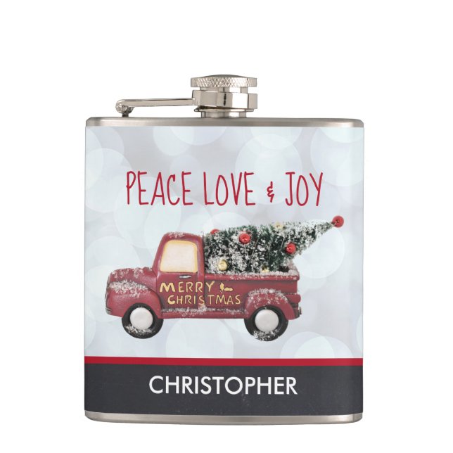 Peace Love & Joy Toy Truck Merry Christmas Hip Flask (Front)