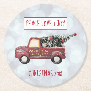 Peace Love & Joy Toy Truck Merry Christmas Round Paper Coaster