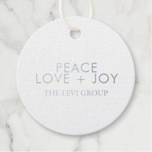 Peace Love Joy Typography Christmas Circle Silver Favour Tags