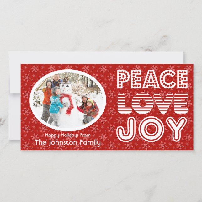 Peace Love Joy Winter Happy Holidays Photo Card (Front)