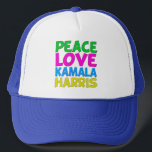 Peace Love Kamala Harris Trucker Hat<br><div class="desc">Cute Peace Love Kamala Harris hat for a progressive democrat who loves fun,  colourful political designs. Vote for Kamala for president in the 2024 election. A fun liberal design in bright colours.</div>
