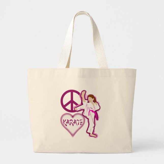 Peace Love Karate Girl Customize Personalized Large Tote Bag (Front)
