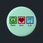 Peace Love L.A. | Cute Los Angeles 2 Inch Round Button<br><div class="desc">Peace Love L.A. Los Angeles is the city of dreams. A cute peace sign,  heart,  and pretty palm trees of Malibu on a beautiful light green button for a cool Californian who likes sunny California gifts.</div>